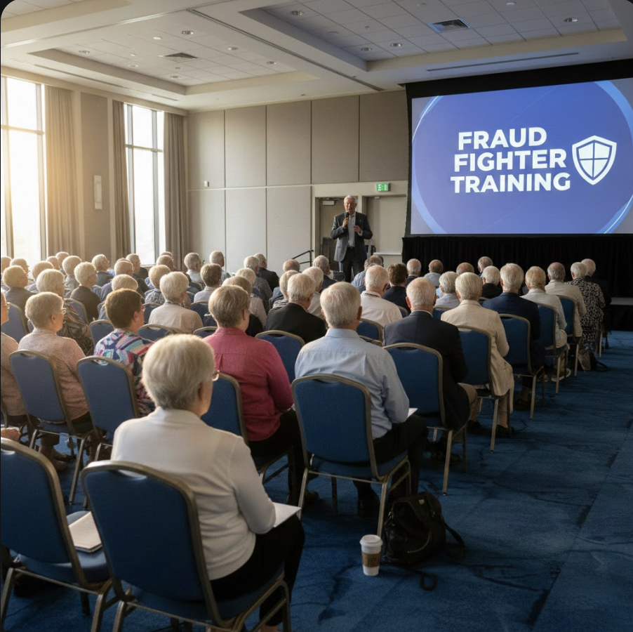 Doug Shadel presenting a Fraud Fighter training session to a live audience